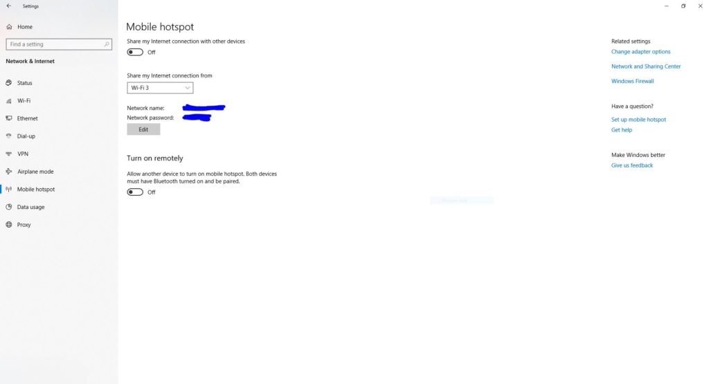 Windows 10 Mobile Hotspot Settings