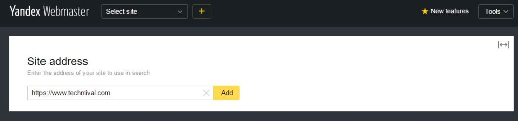 Yandex Webmaster Tools Add Website