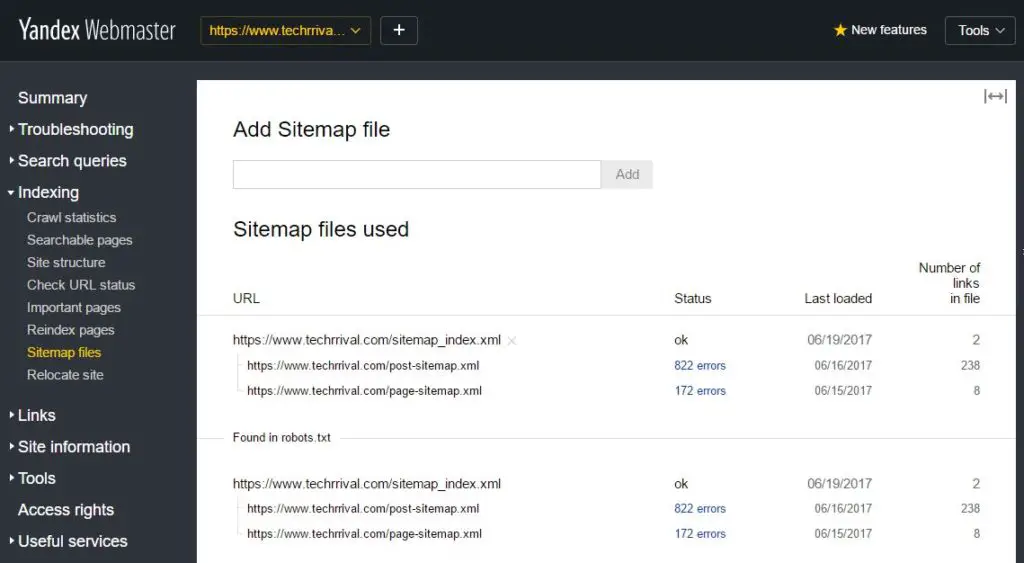 Yandex Webmaster Tools Submit Sitemap