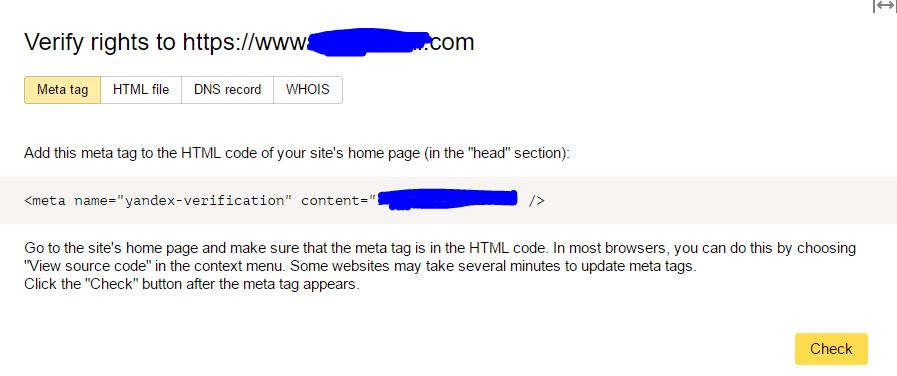 Yandex Webmaster Tools Website Verification