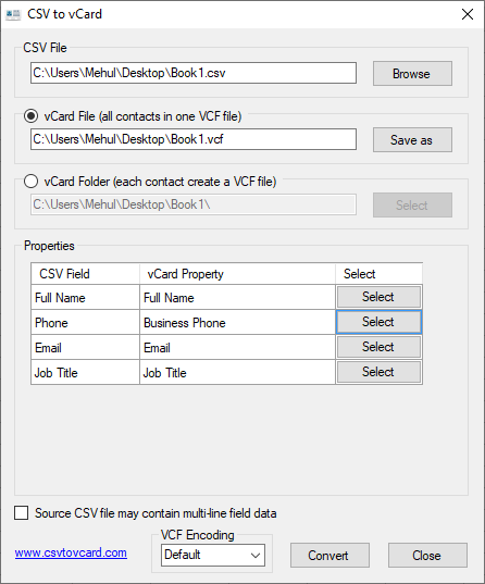 Csv To Vcard Settings