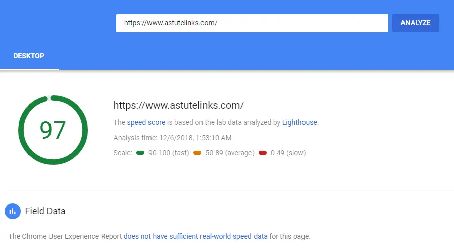 Astute Links Pagespeed Score