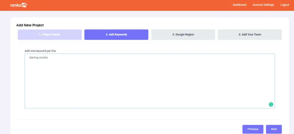 Rankz-Add New Project-Add Keywords