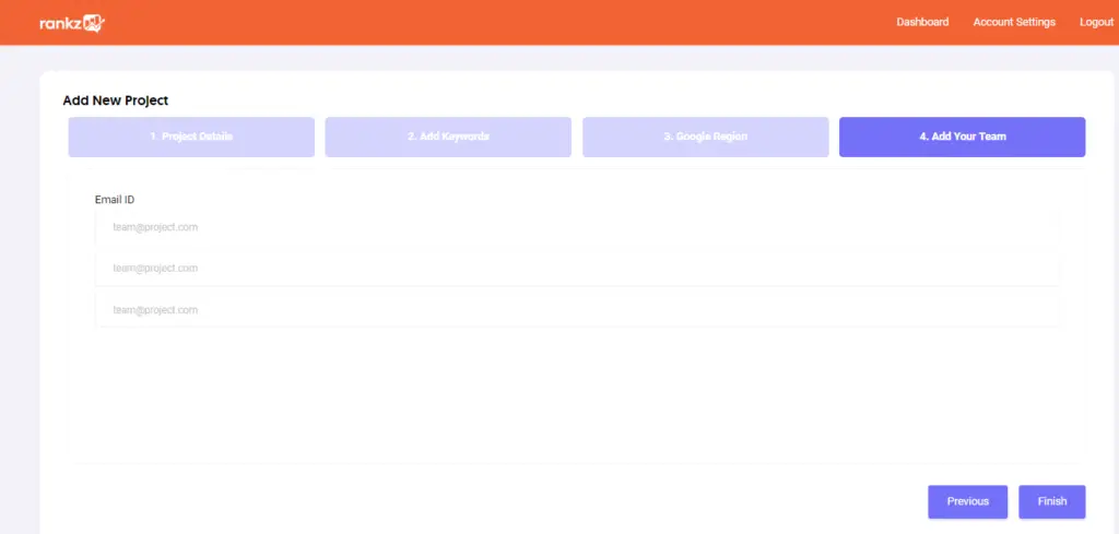 Rankz-Add New Project-Add Your Team