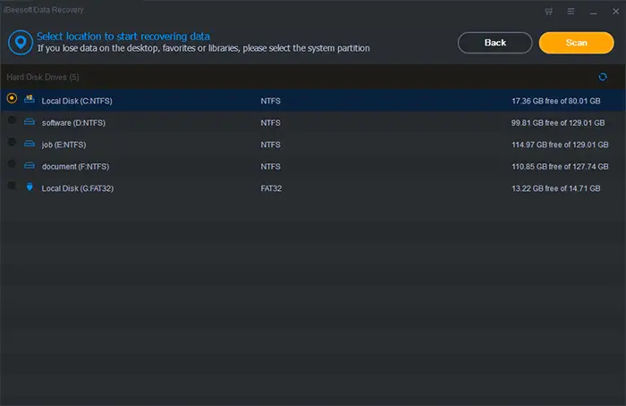 Ibeesoft Data Recovery - Selecting Location
