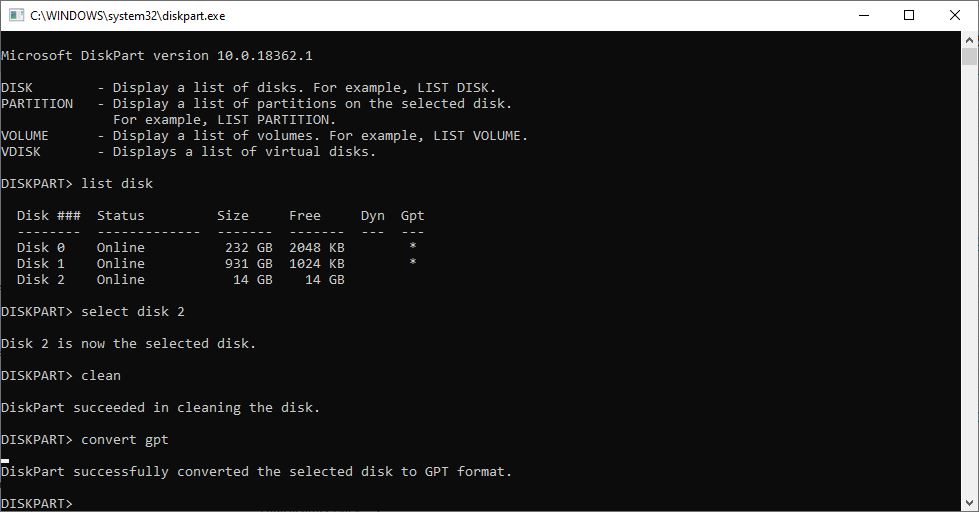 Diskpart Convert Gpt