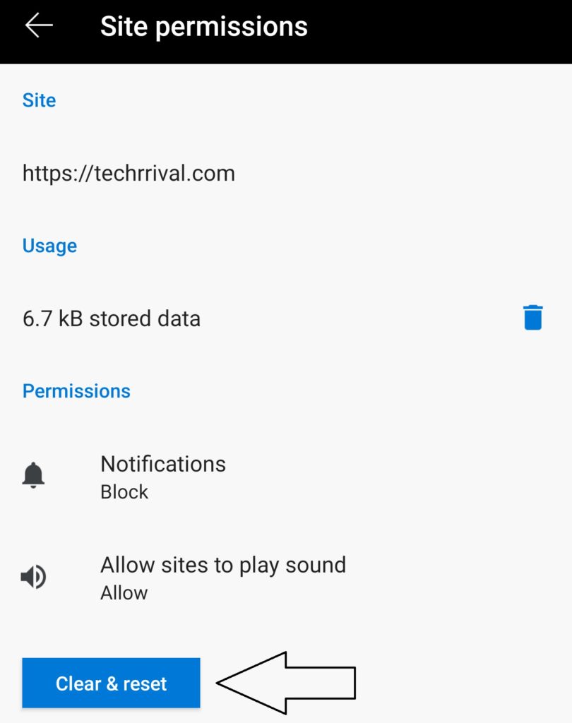 Click Clear And Reset Site Permissions Android