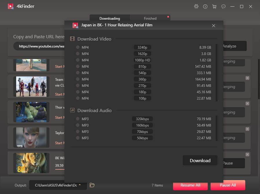 4Kfinder Video Downloader - Selecting Video Resolution