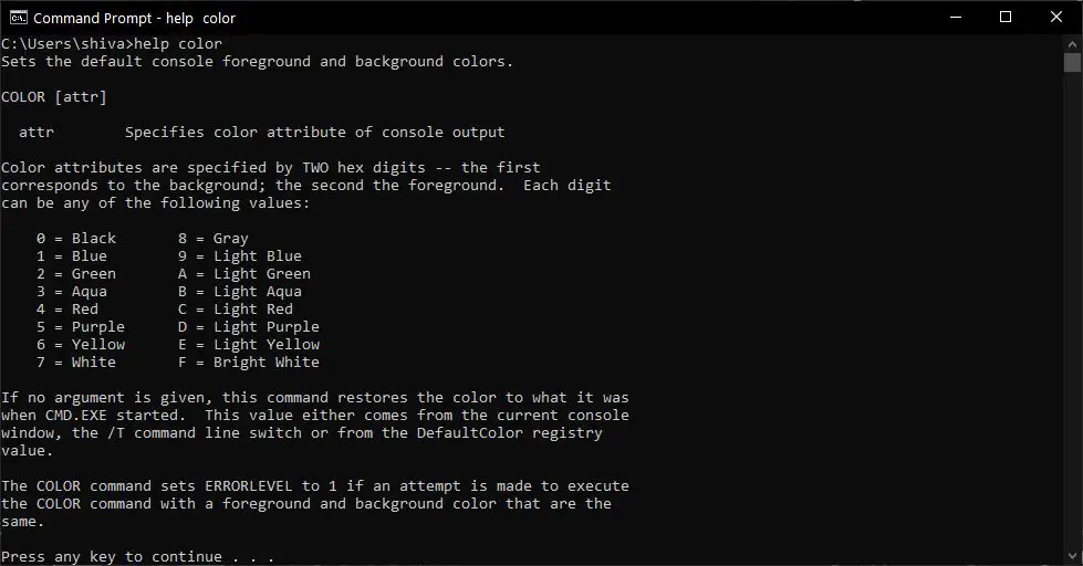 Help Color Cmd Command