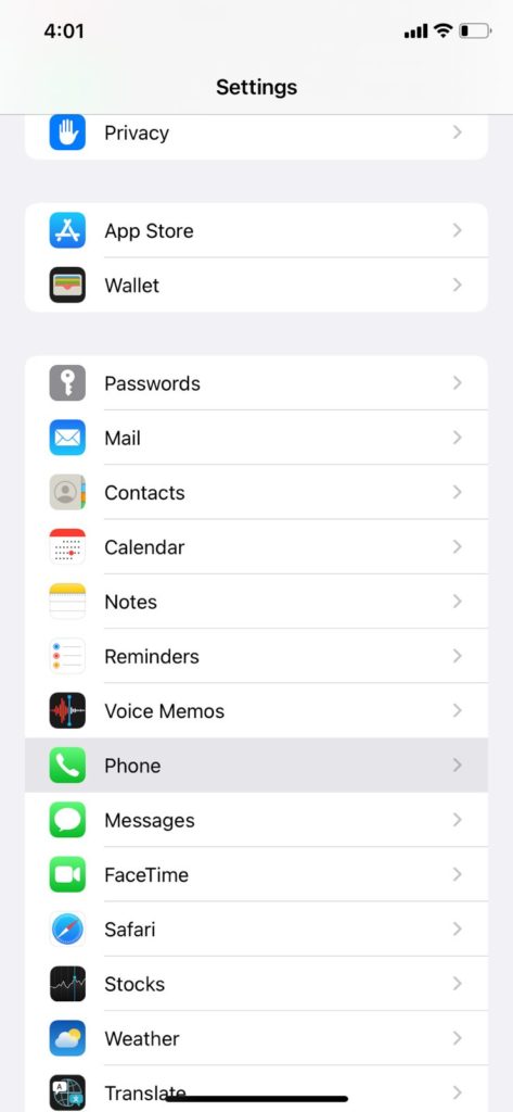 Iphone Settings - Phone Selected