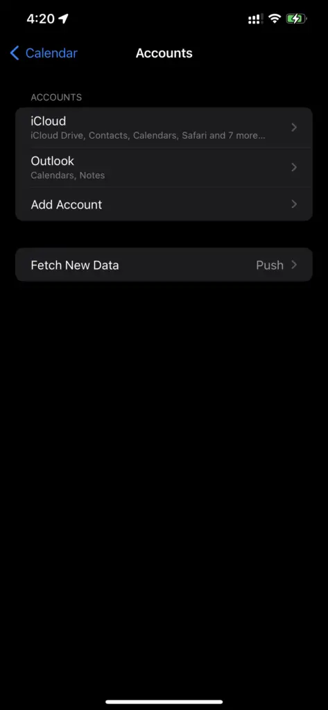 Iphone Settings - Calendar Accounts