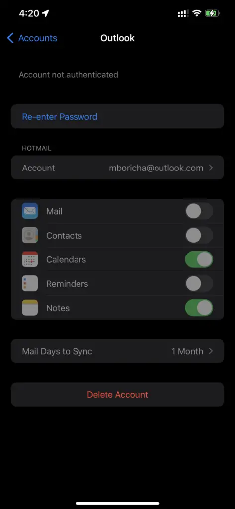 Iphone Settings - Calendar Accounts Selected