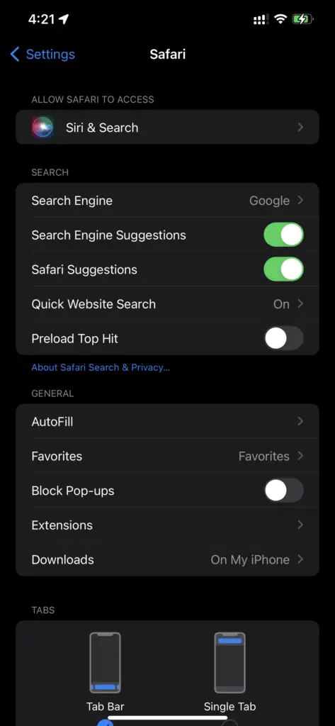 Iphone Settings - Safari Block Popups Off