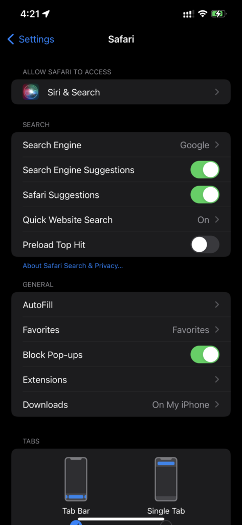 Iphone Settings - Safari Block Popups On