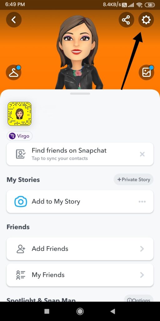 Snapchat Profile - Pointing To Settings