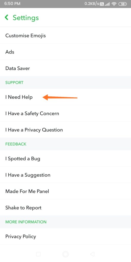 Snapchat Settings - Support Section