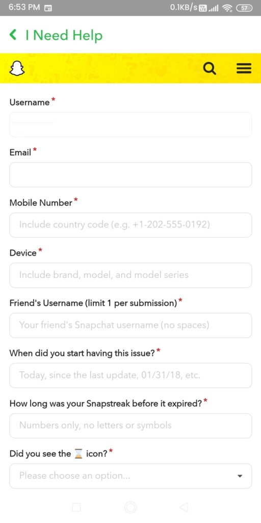 Snapchat Support - Contact Form
