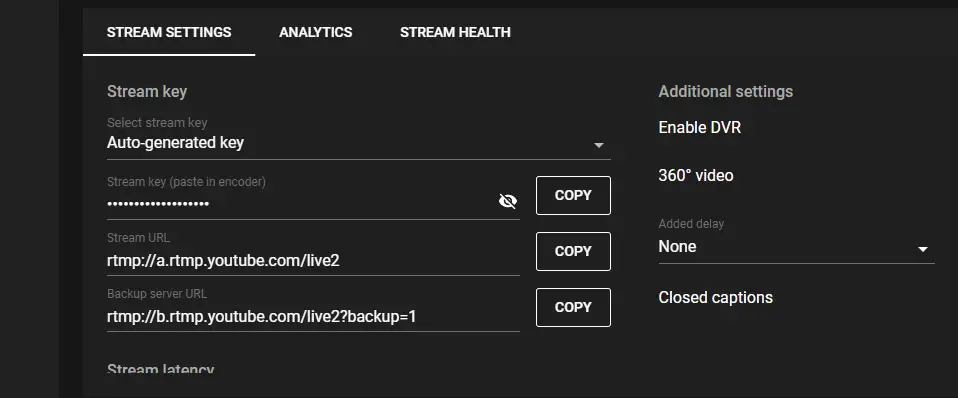 Youtube Stream Settings