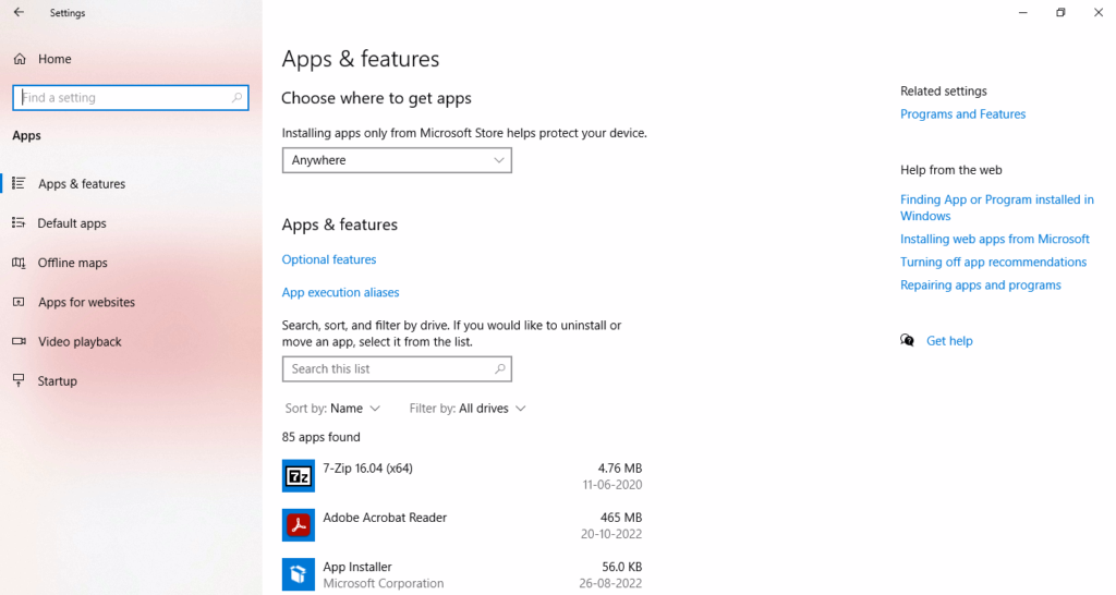 Windows Settings - Apps &Amp; Features