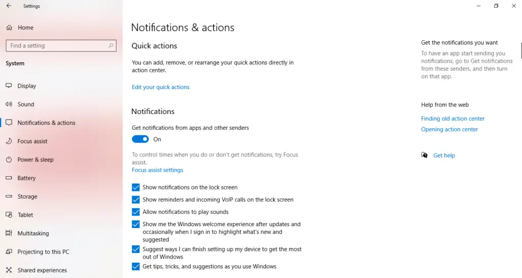 Windows Settings - Notifications &Amp; Actions