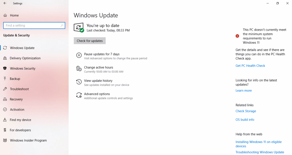 Windows Update Settings Menu