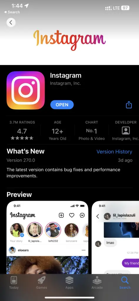 Apple App Store Instagram Page