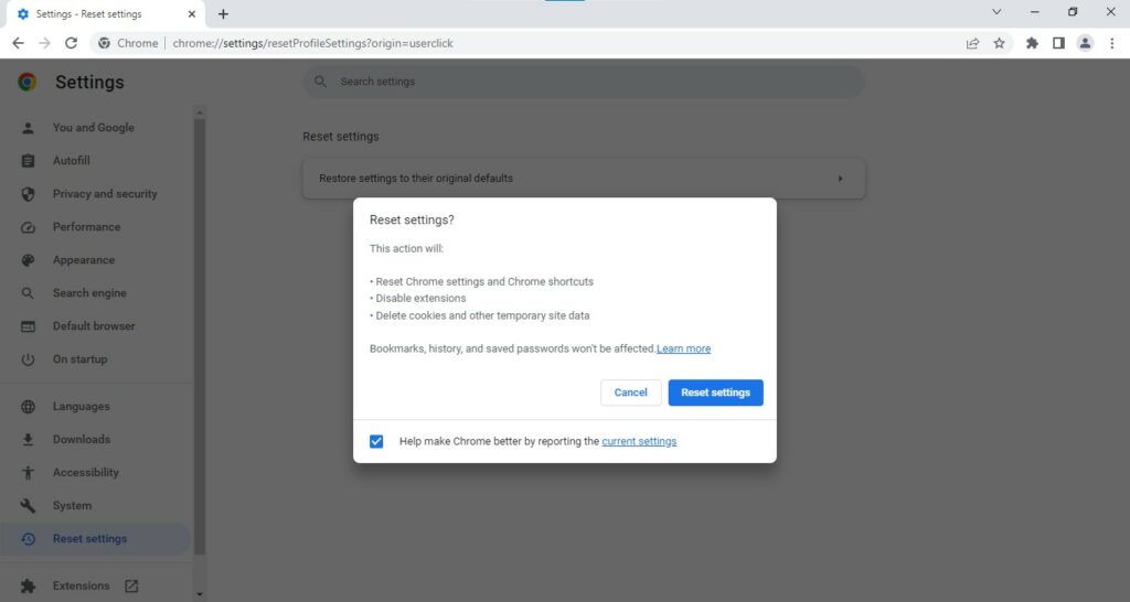 Google Chrome - Reset Settings Confirmation