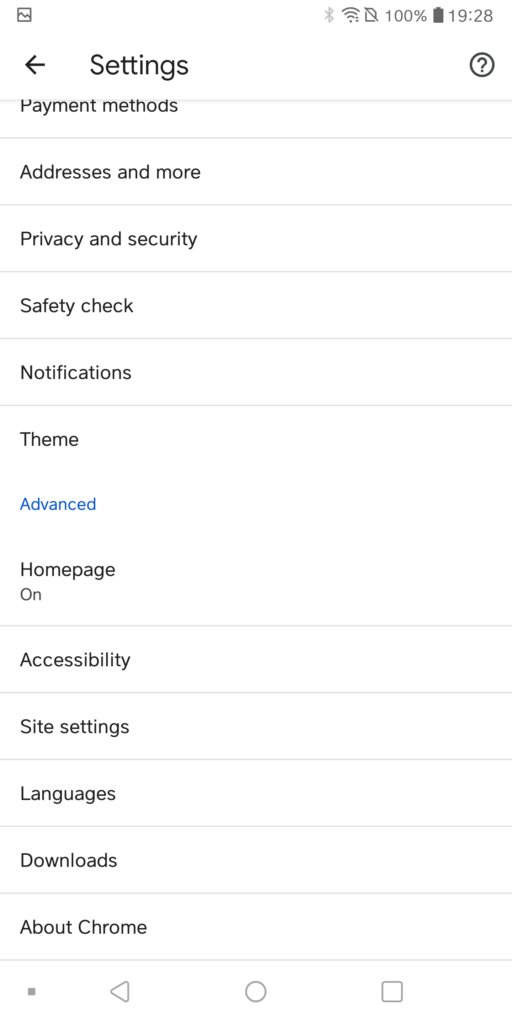 Google Chrome On Android - Settings Scrolled Down