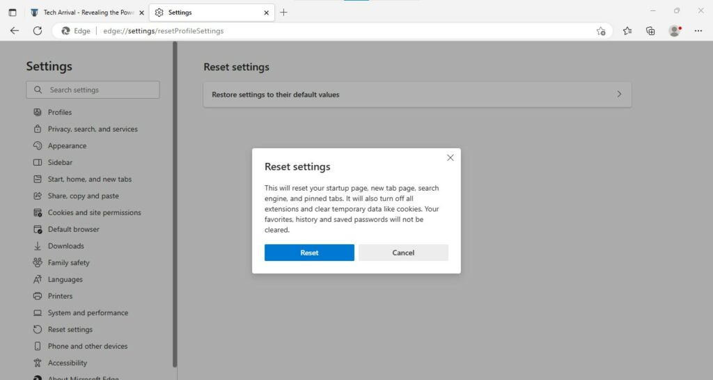 Microsoft Edge - Confirm Reset Settings