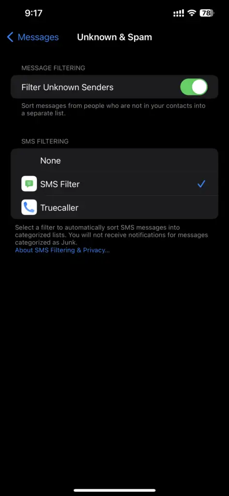 Iphone Settings - Messages Unknown And Spam
