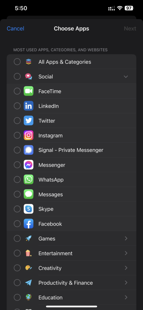 Iphone Settings - Screen Time App Limits Selection