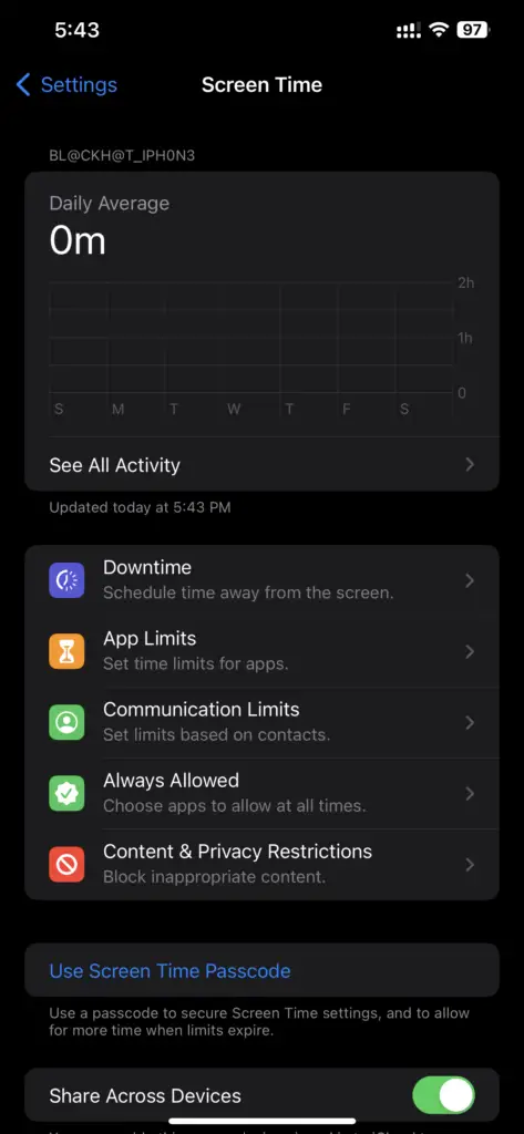 Iphone Settings - Screen Time Setting On