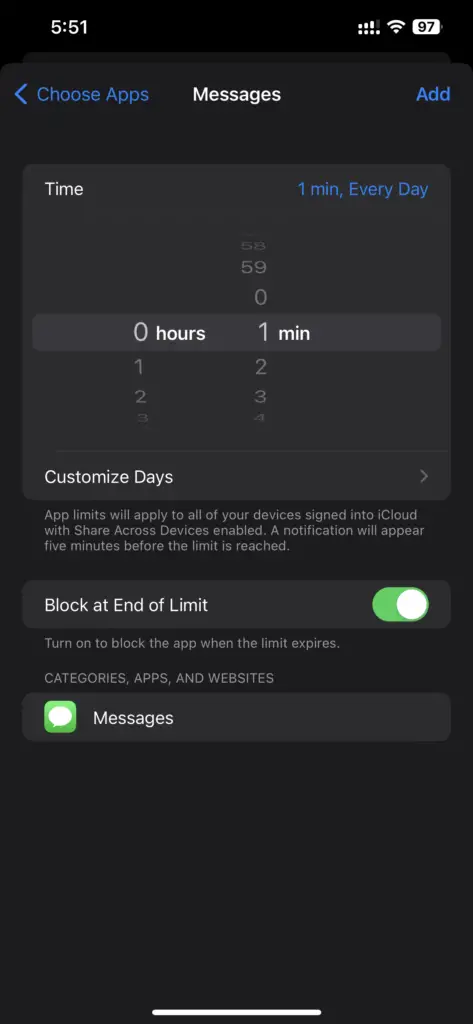Iphone Settings - Set Screen Time On Messages App