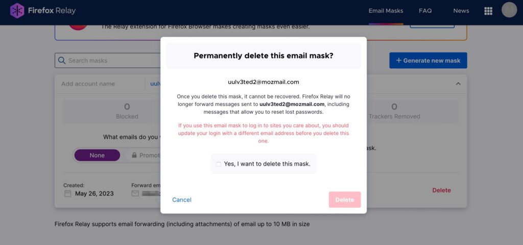 Firefox Relay Delete Mask Email