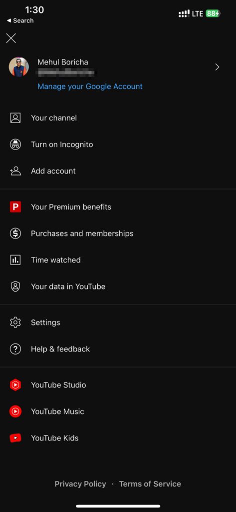 Youtube App Menu