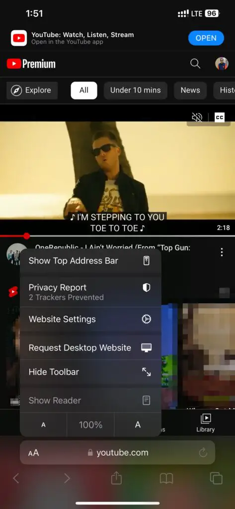 Youtube On Safari Browser Mobile Menu