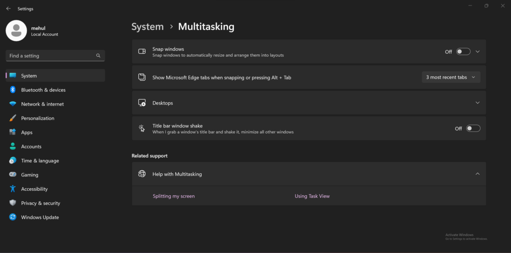 Windows Multitasking Settings