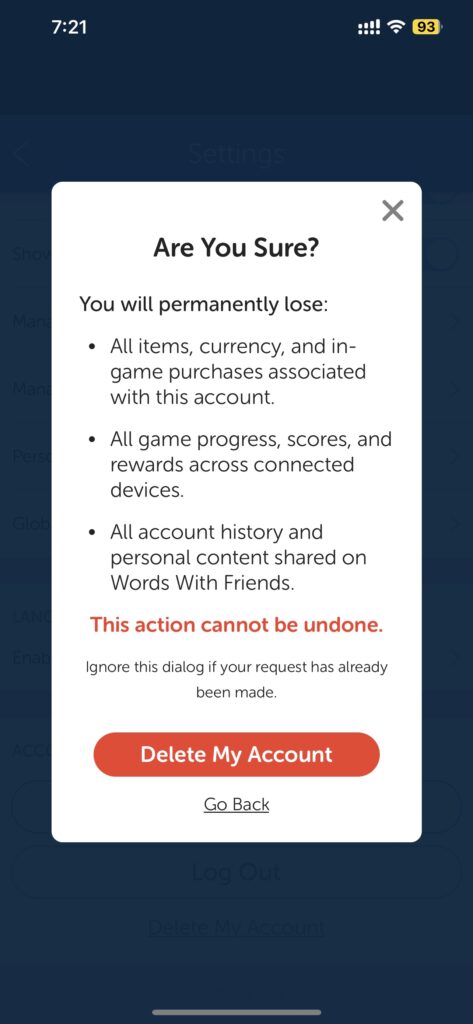 Words With Friends 2 Account Delete Confirmation