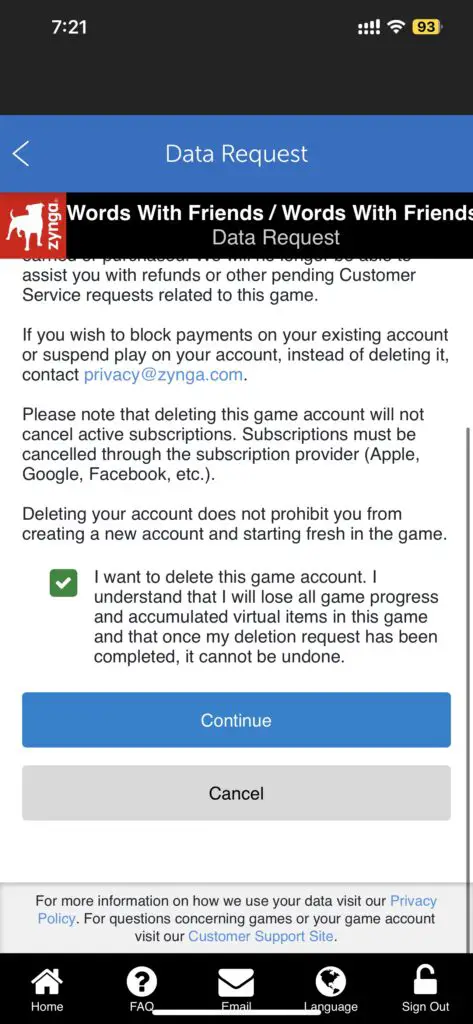 Words With Friends 2 Account Delete Request