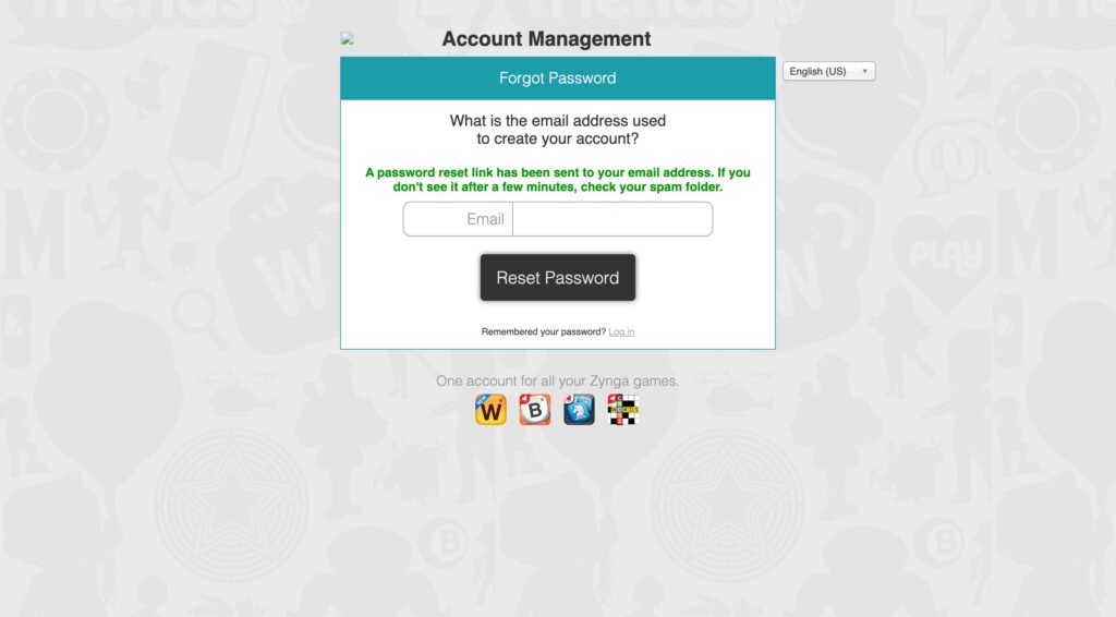 Zynga Account Recovery Email Sent