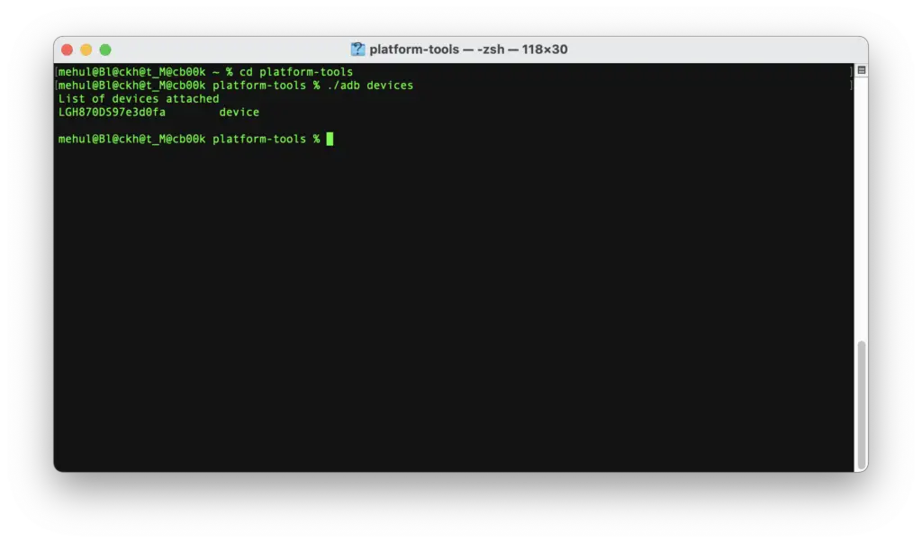 adb devices command on Mac Terminal