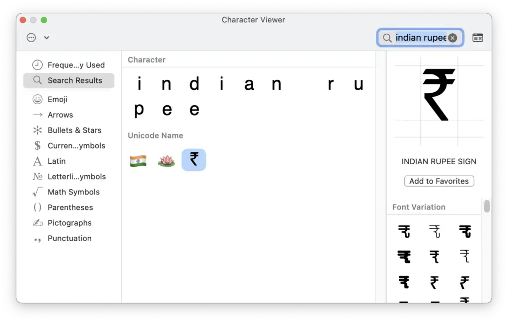 Mac Character Viewer - Indian Rupee