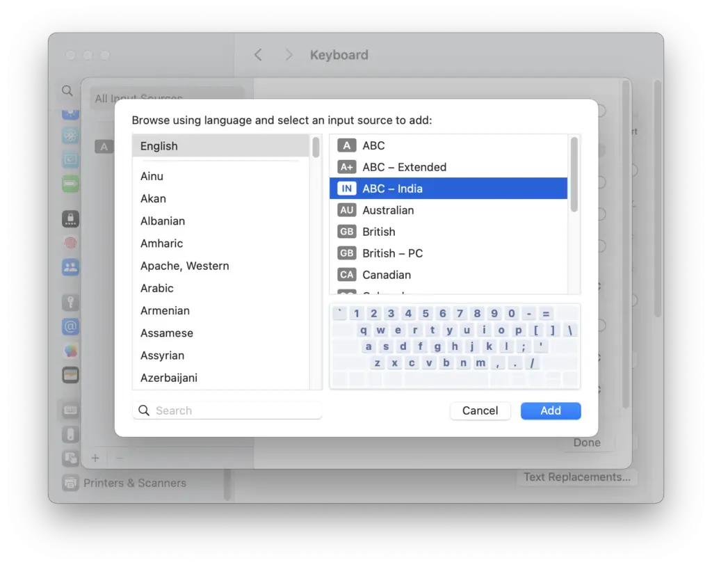Mac Settings - Add Input Sources