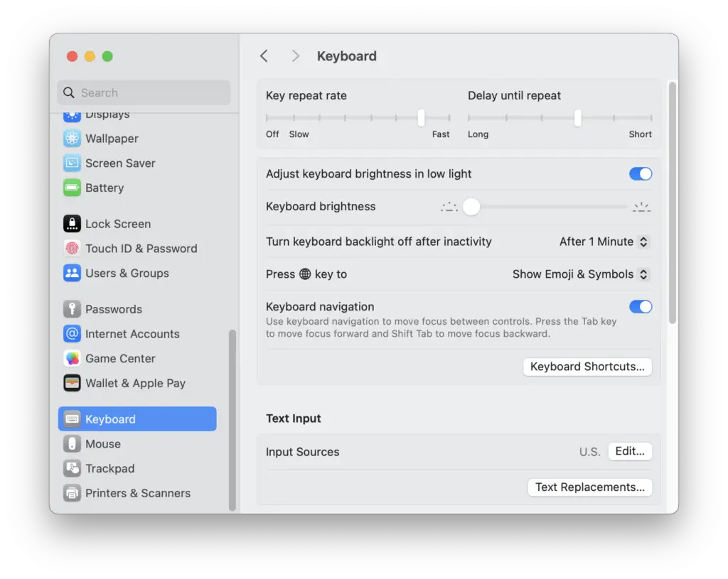 Mac Settings - Keyboard