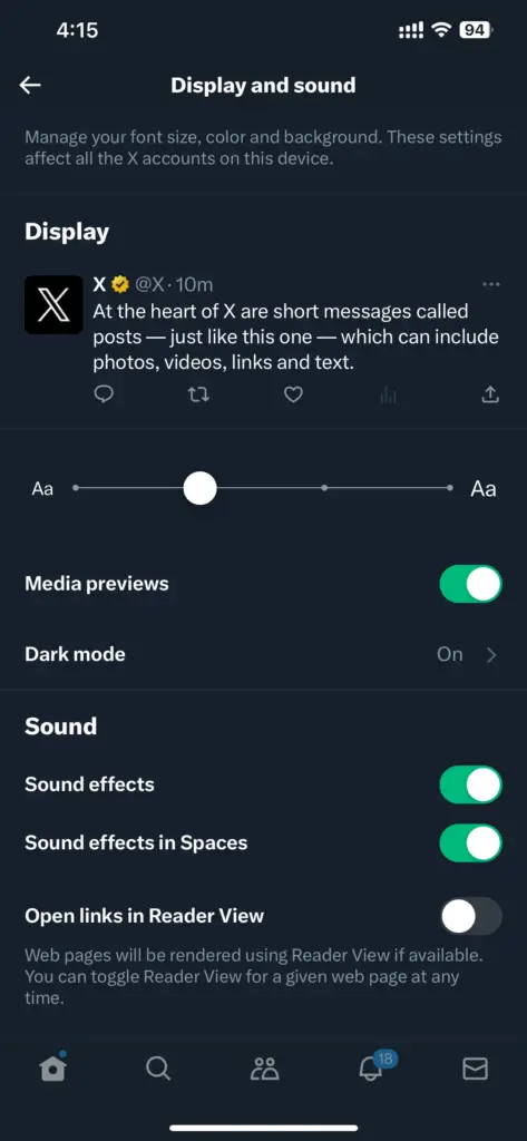 Twitter App - Display Settings