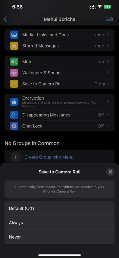 Whatsapp Chat Settings - Save To Camera Roll