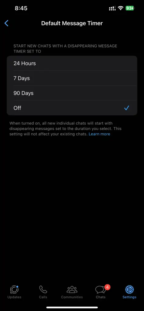 Whatsapp Privacy Settings - Default Message Timer
