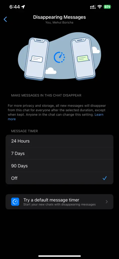 Whatsapp Privacy Settings - Disappearing Messages Chat Specific