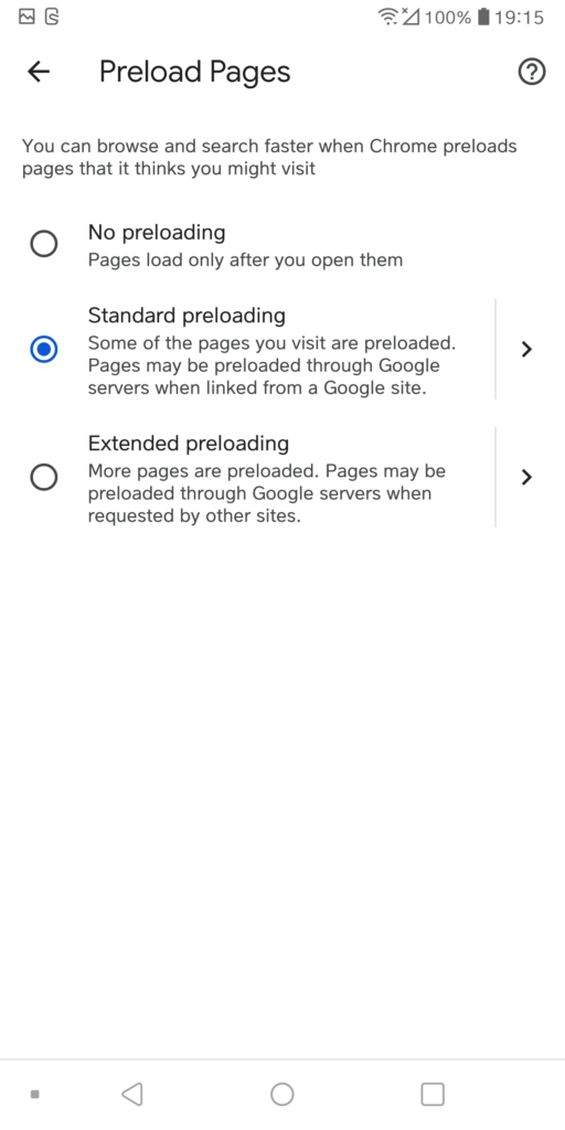 Google Chrome Preload Pages Android