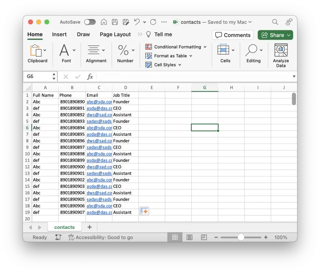 Excel Contacts File